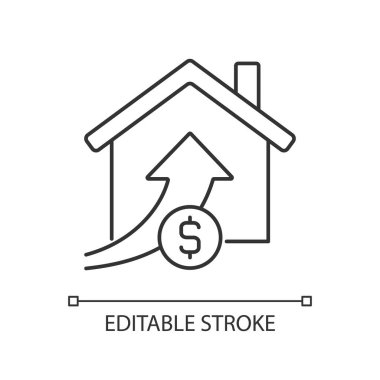 Yükselen mülk fiyatları doğrusal simge. Gayrimenkul. Mülk satışı. Artan fiyata ev almak. İnce çizgili çizim. Contour sembolü. Vektör çizimi. Düzenlenebilir felç. Kullanılan Arial yazı tipi