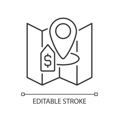 Toprak satışı doğrusal simge. Arazi ticareti ve satın alma. Bina yapımı. Mülk satışı. İnce çizgili çizim. Contour sembolü. Vektör çizimi. Düzenlenebilir felç. Kullanılan Arial yazı tipi