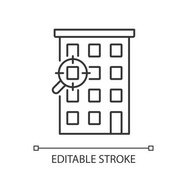 Düz arama servisi doğrusal simgesi. Konut bulmaya yardım et. Kiralık daire ve konut. Gayrimenkul. İnce çizgili çizim. Contour sembolü. Vektör çizimi. Düzenlenebilir felç. Kullanılan Arial yazı tipi