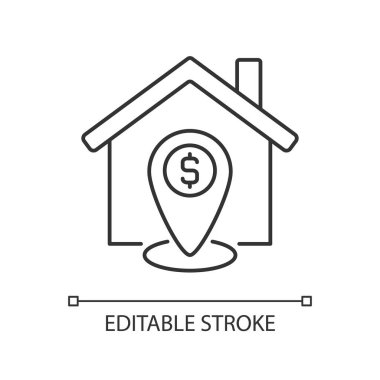 Özellik konumu tahmini doğrusal simge. Emlak değerlendirmesi. Altyapı ve manzara. İnce çizgili çizim. Contour sembolü. Vektör çizimi. Düzenlenebilir felç. Kullanılan Arial yazı tipi