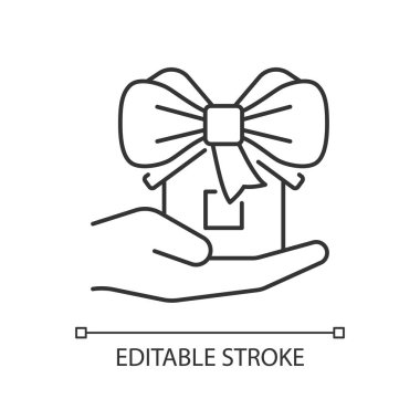 Ev bağışı lineer simgesi. İhtiyacı olan insanlara hediyelik eşya. Gayrimenkul hayır. Emlak katkısı. İnce çizgili çizim. Contour sembolü. Vektör çizimi. Düzenlenebilir felç. Kullanılan Arial yazı tipi