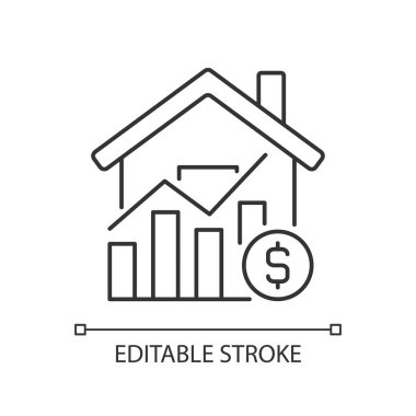 Ev piyasası fiyatları doğrusal simge. Gayrimenkul fiyatları artıyor. Gayrimenkul alımı. Mülk satışı. İnce çizgili çizim. Contour sembolü. Vektör çizimi. Düzenlenebilir felç. Kullanılan Arial yazı tipi