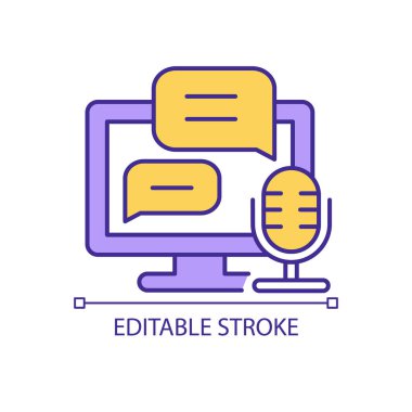 Sohbet robotu ve ses asistanı RGB renk simgesi. Müşteri rahatlığının dijital teknolojisi. Destek servisi. İzole vektör çizimi. Basit bir çizgi çizimi. Düzenlenebilir felç. Kullanılan Arial yazı tipi