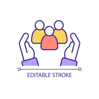 Hassas grup RGB renk simgesinin sosyal koruması. İnsanlar için destek programı. Gönüllü iş. İzole vektör çizimi. Basit bir çizgi çizimi. Düzenlenebilir felç. Kullanılan Arial yazı tipi