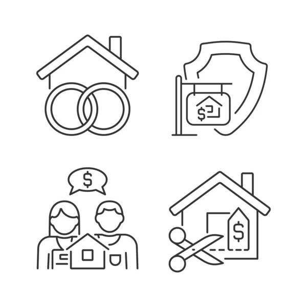 房地产采购的法律特点是线性图标设置 社区房地产 房价谈判 可定制的细线符号 孤立的矢量轮廓图解 可编辑笔划 — 图库矢量图片