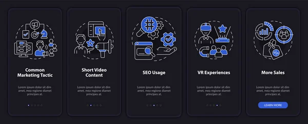 Tendências Marketing Atuais Modo Noturno Tela Aplicativo Móvel Promo Walkthrough — Vetor de Stock