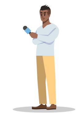 RGB yarı düz RGB renk çizimi. Kitlesel medya işgali. Beyaz arka planda, mikrofonlu erkek muhabir karikatür karakterini izole etti