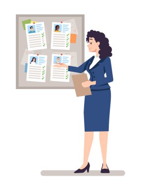 İşçi sıralamasında yarı düz RGB renk vektörü çizimi. İK yöneticisi beyaz arkaplanda izole edilmiş bir çizgi film karakteri seçiyor