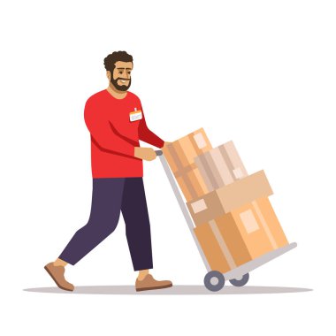 Büyük paketler yarı düz RGB renk vektörü çizimi. Erkek nakliyeci beyaz arka planda izole edilmiş kutu yığınıyla yola çıkıyor.