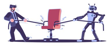 Yarı düz RGB renk çizimi için robotla insan dövüşü. İnsan ve makine beyaz arkaplanda izole çizgi film karakterleri