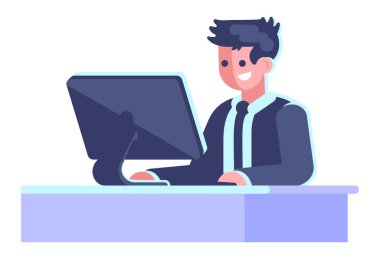 Tatmin edilmiş şirket çalışanı yarı düz RGB renk vektörü çizimi. Bilgisayarın önündeki adam beyaz arkaplanda karikatür karakterini izole etti