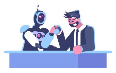 Yarı düz RGB renk çizimi ile yarışan insan çalışanlar. İnsan ve makine beyaz arkaplanda izole çizgi film karakterleri