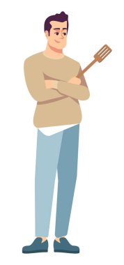 Barbekü partisi katılımcısı yarı düz RGB renk vektörü çizimi. Elinde ahşap bir spatulayla duran adam beyaz arka planda izole edilmiş çizgi film karakteri.