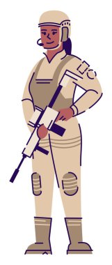 Askeri servis yarı düz RGB renk çizimi. Koruyucu giysili kadın asker beyaz arka planda karikatür karakterini izole etti.