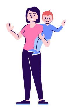 Dadı kariyeri yarı düz RGB renk çizimi. Mutlu anne kucağında bebekle beyaz arka planda karikatür karakteri