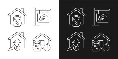 Karanlık, aydınlık mod için ev doğrusal simgeleri alınıyor. Ev kredisi. Konaklama satışı. Gayrimenkul. Mülk satışı. Gece ve gündüz teması için ince çizgi sembolleri. İzole çizimler. Düzenlenebilir vuruş