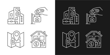 Gayrimenkul satın alma tipleri koyu, aydınlık mod için doğrusal simgeler ayarlandı. Ticari ve özel mülk. Gayrimenkul fiyatı. Gece ve gündüz teması için ince çizgi sembolleri. İzole çizimler. Düzenlenebilir vuruş