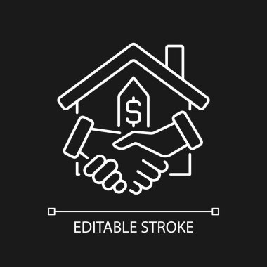 Karanlık tema için beyaz doğrusal simge kapatılıyor. Satıcıdan alıcıya mal transferi. Gayrimenkul. Ev al. İnce çizgili çizim. Gece modu için izole edilmiş sembol. Düzenlenebilir felç. Kullanılan Arial yazı tipi