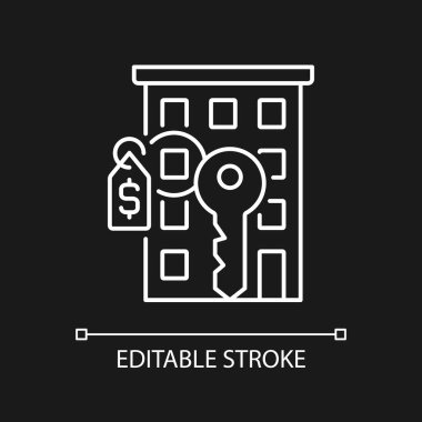 Koyu renk tema için beyaz doğrusal simge satıyorum. Apartman dairesi. Mülk satışı. Uygun bir fiyat. İnce çizgili çizim. Gece modu için izole edilmiş sembol. Düzenlenebilir felç. Kullanılan Arial yazı tipi