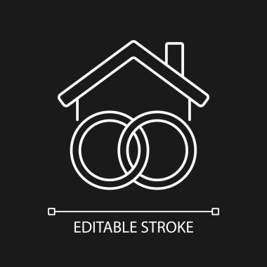 Karanlık tema için ortak mülkiyet beyaz doğrusal simgesi. Evlilik sırasında elde edilen servetler. Medeni mülkiyet. İnce çizgili çizim. Gece modu için izole edilmiş sembol. Düzenlenebilir felç. Kullanılan Arial yazı tipi