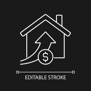Yükselen mülk fiyatları koyu tema için beyaz doğrusal simge. Gayrimenkul. Artan fiyata ev almak. İnce çizgili çizim. Gece modu için izole edilmiş sembol. Düzenlenebilir felç. Kullanılan Arial yazı tipi