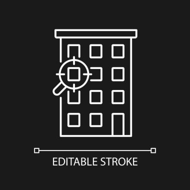 Düz arama servisleri koyu tema için beyaz doğrusal simge. Konut bulmaya yardım et. Kiralık daire ve konut. İnce çizgili çizim. Gece modu için izole edilmiş sembol. Düzenlenebilir felç. Kullanılan Arial yazı tipi