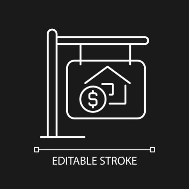 House koyu renk tema için beyaz doğrusal simge satıyor. Ev satın alma. Emlak satın almak. Gayrimenkul sahibi. İnce çizgili çizim. Gece modu için izole edilmiş sembol. Düzenlenebilir felç. Kullanılan Arial yazı tipi