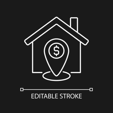 Koyu tema için beyaz doğrusal simge tahmini özellik konumu. Emlak değerlendirmesi. Altyapı ve manzara. İnce çizgili çizim. Gece modu için izole edilmiş sembol. Düzenlenebilir felç. Kullanılan Arial yazı tipi