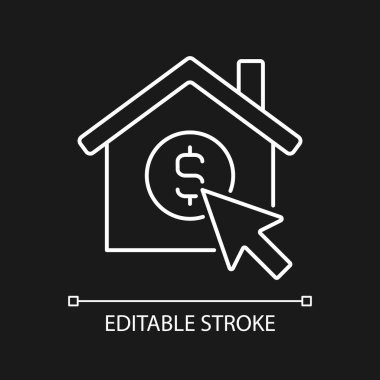 Koyu tema için beyaz doğrusal simge özellik arama web sitesi. Gayrimenkul aramak için internet platformu. İnce çizgili çizim. Gece modu için izole edilmiş sembol. Düzenlenebilir felç. Kullanılan Arial yazı tipi