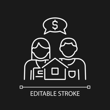 Karanlık tema için fiyat pazarlığı beyaz doğrusal simgesi. İndirim alıyorum. Satıcı ve alıcı pazarlığı. Gayrimenkul. İnce çizgili çizim. Gece modu için izole edilmiş sembol. Düzenlenebilir felç. Kullanılan Arial yazı tipi