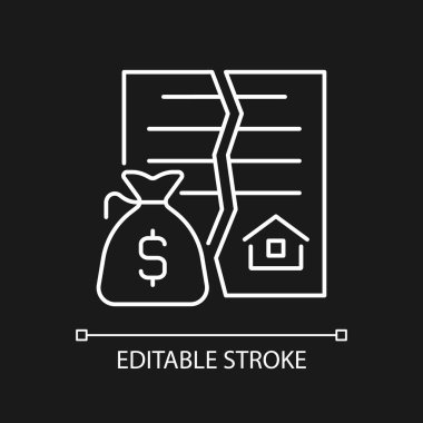 Karanlık tema için etkisiz hale getirilmiş beyaz doğrusal simge. Geçersiz ve geçersiz anlaşma. Gayrimenkul anlaşmasının iptali. İnce çizgili çizim. Gece modu için izole edilmiş sembol. Düzenlenebilir felç. Kullanılan Arial yazı tipi