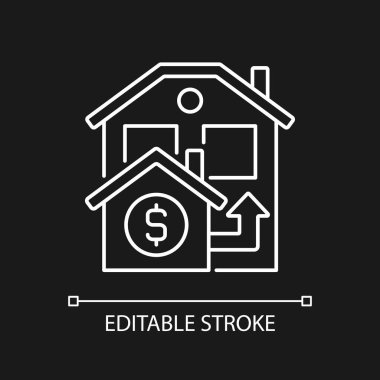 Karanlık tema için köprü beyaz doğrusal simgesi. Karşılıklı konaklama için kısa vadeli kredi. Mülk satışı. İnce çizgili çizim. Gece modu için izole edilmiş sembol. Düzenlenebilir felç. Kullanılan Arial yazı tipi