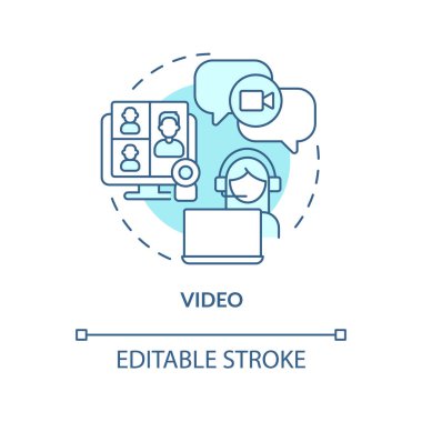 Video turkuaz konsept simgesi. Çevrimiçi konferans ve toplantı. UCaaS soyut fikir ince çizgi illüstrasyonunun işlevi. İzole bir taslak çizim. Düzenlenebilir felç. Arial, Myriad Pro-Kalın yazı tipleri