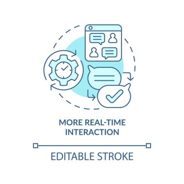 Daha çok gerçek zamanlı etkileşim turkuaz konsept ikonu. Canlı sohbet. UCaaS 'ın yararları soyut ve ince çizgiler çizerek. İzole bir taslak çizim. Düzenlenebilir felç. Arial, Myriad Pro-Kalın yazı tipleri