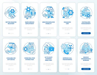 UCaaS mavisi mobil uygulama ekranında. İletişim 5 aşamalı grafik talimatları sayfaları doğrusal kavramlarla birlikte. UI, UX, GUI şablonu. Kullanılan sayısız Pro-Kalın, Düzenli yazı tipleri