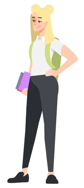 女性1年生半フラットRgbカラーベクトルイラスト かなり高いです女子高生で快適な制服孤立した漫画のキャラクター上の白い背景 — ストックベクタ