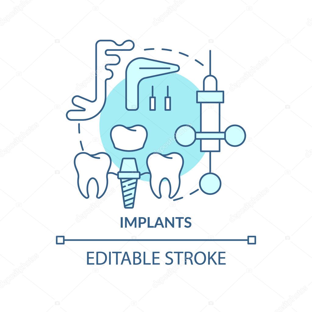 Implants turquoise concept icon. Cosmetic enhancement abstract idea thin line illustration. Dental implant surgery. Isolated outline drawing. Editable stroke. Arial, Myriad Pro-Bold fonts used