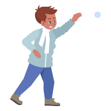 Kış etkinliği yarı düz RGB renk vektör çizimi. Küçük çocuk beyaz arka planda kartopu atan izole çizgi film karakteri