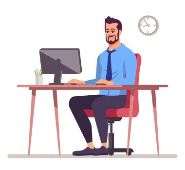 Ofis işi yarı düz RGB renk çizimi. Çalışanlar için Ergonomik çalışma istasyonu beyaz arkaplanda karikatür karakteri