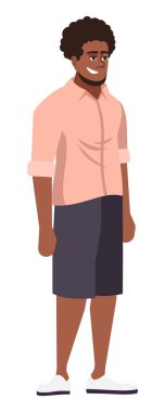 Tasasız ruh hali yarı düz RGB renk çizimi. Yazlık kıyafetli sırıtan sakallı adam beyaz arka planda karikatür karakteri.