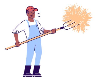 Çiftçi günlük rutin RGB renk çizimi. Genç çiftçi elinde yabayla beyaz arka planda samandan izole edilmiş çizgi film karakteri tutuyor.