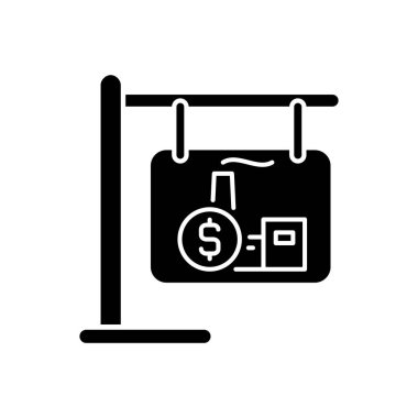 Siyah kabartma simgesi satan endüstriyel mallar. Satılık fabrika ve depo. Ticari mülk. Gayrimenkul. Beyaz uzayda siluet sembolü. Piktogram sağlammış. Vektör izole illüstrasyonu