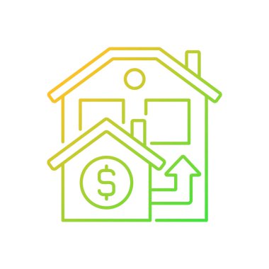 Köprü kredisi gradyan doğrusal vektör simgesi. Karşılıklı konaklama için kısa vadeli kredi. Gayrimenkul. Mülk satışı. İnce çizgi renk sembolü. Modern tarz pictogram. Vektör izole çizimi