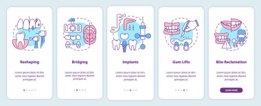 Mobil uygulama ekranında kozmetik dişçilik prosedürleri. Sakız, doğrusal kavramları olan 5 adımlık grafik talimatları kaldırır. UI, UX, GUI şablonu. Kullanılan sayısız Pro-Kalın, Düzenli yazı tipleri