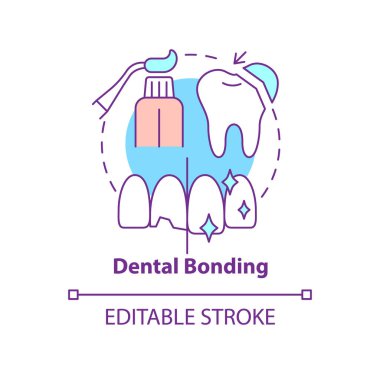 Diş bağlama konsepti simgesi. Kozmetik geliştirme tipi soyut fikir ince çizgi çizimi. Diş tamiri için. İzole bir taslak çizim. Düzenlenebilir felç. Arial, Myriad Pro-Kalın yazı tipleri