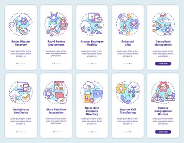 UCaaS mobil uygulama ekranında. İletişim 5 aşamalı grafik talimatları sayfaları doğrusal kavramlarla birlikte. UI, UX, GUI şablonu. Kullanılan sayısız Pro-Kalın, Düzenli yazı tipleri