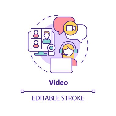 Video konsept simgesi. Çevrimiçi konferans ve toplantı. UCaaS soyut fikir ince çizgi illüstrasyonunun işlevi. İzole bir taslak çizim. Düzenlenebilir felç. Arial, Myriad Pro-Kalın yazı tipleri