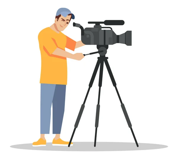 プロのカメラマン半フラットRgbカラーベクトルイラスト マスコミの占領だ 男ともにキャップ録画ビデオ隔離された漫画のキャラクター上の白い背景 — ストックベクタ