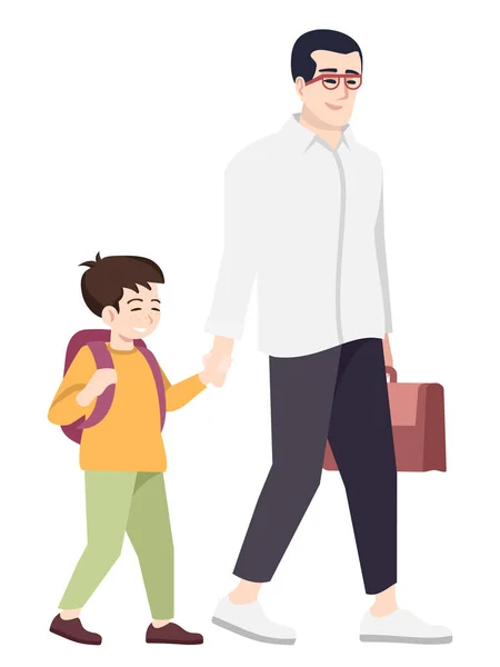 子供の半フラットRgbカラーベクトルイラストとの結合 幸せな息子と父は学校に行きます孤立した漫画のキャラクター上の白い背景 — ストックベクタ