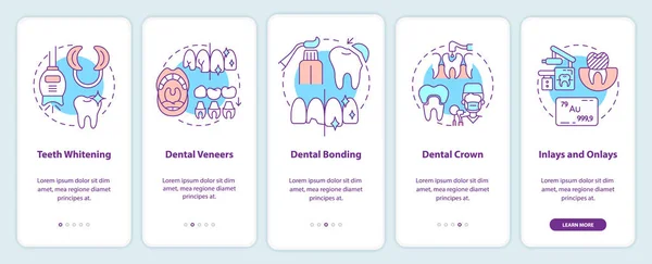 化粧品歯科タイプオンボーディングモバイルアプリ画面 歯のホワイトニングは 5ステップのグラフィック指示ページを線形概念で歩く Guiテンプレート 無数のPro Bold 正規フォントが使用される — ストックベクタ